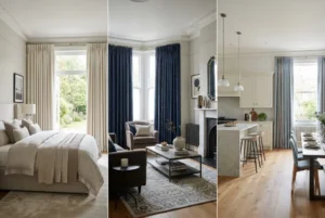 Elegant bedroom curtains in a stylish UK home featuring cream bedroom curtains, navy and gold curtains, and modern home curtains.