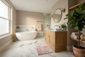 Soft bath rugs in a modern UK bathroom featuring stylish bath rugs pink, luxury towels, and elegant bathroom accessories.