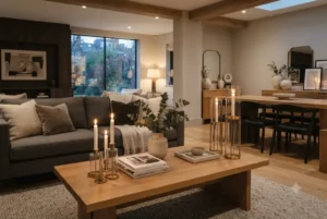 Modern candle holders displayed in a stylish UK home featuring tall candle holders and elegant candles and holders on a decorated coffee table.