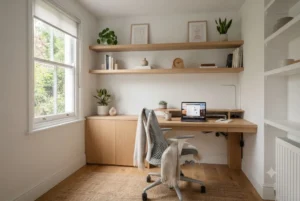 Modern home office storage solutions in a compact UK home featuring floating shelves, organised desk, and multifunctional storage furniture.