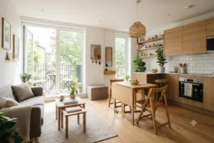 Modern space saving table and chairs in a compact UK apartment featuring multifunctional furniture, small balcony furniture, and a stylish kitchen with chairs.