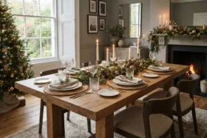 Elegant tableware sets displayed on a modern UK dining table with a stylish set of tableware and festive placemats xmas.