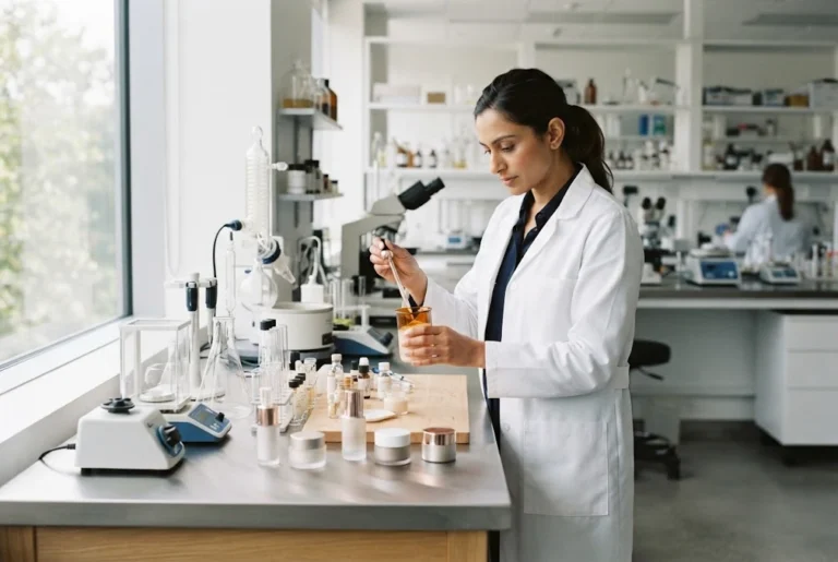 Beauty research showing skincare science and cosmetic ingredient testing
