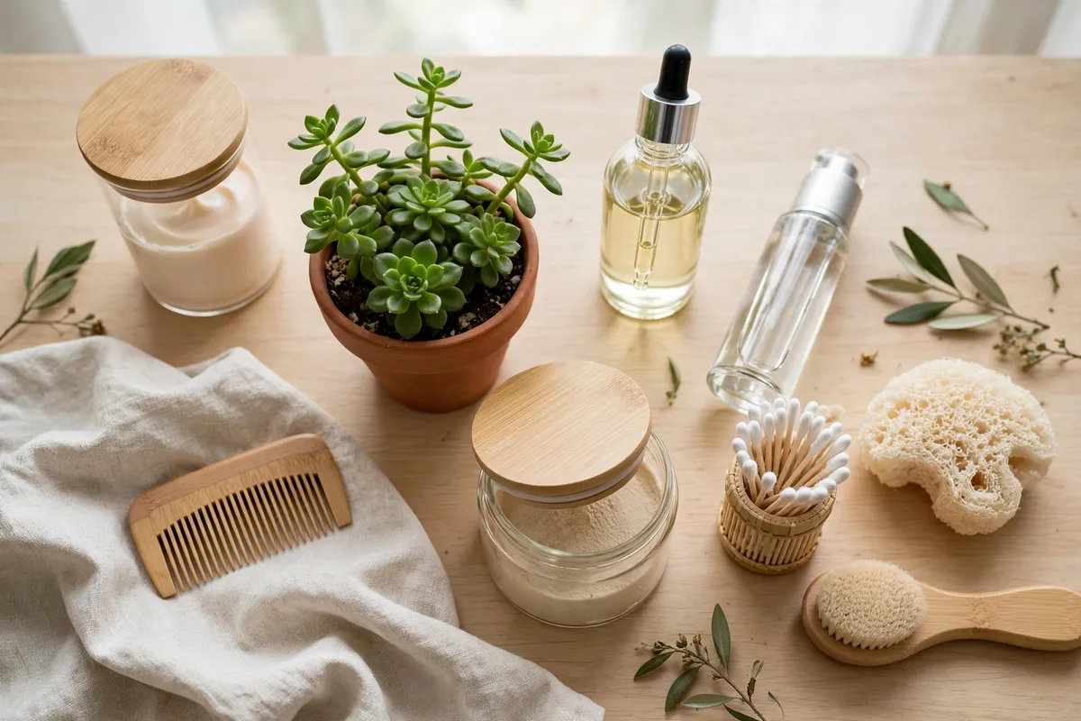 sustainable beauty products with refillable packaging on a dressing table