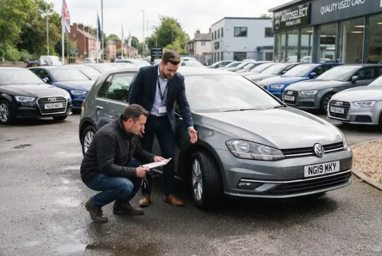 Used Cars: UK Market Prices, Demand and Buying Trends Used cars in the UK market with buyer inspecting a second-hand vehicle