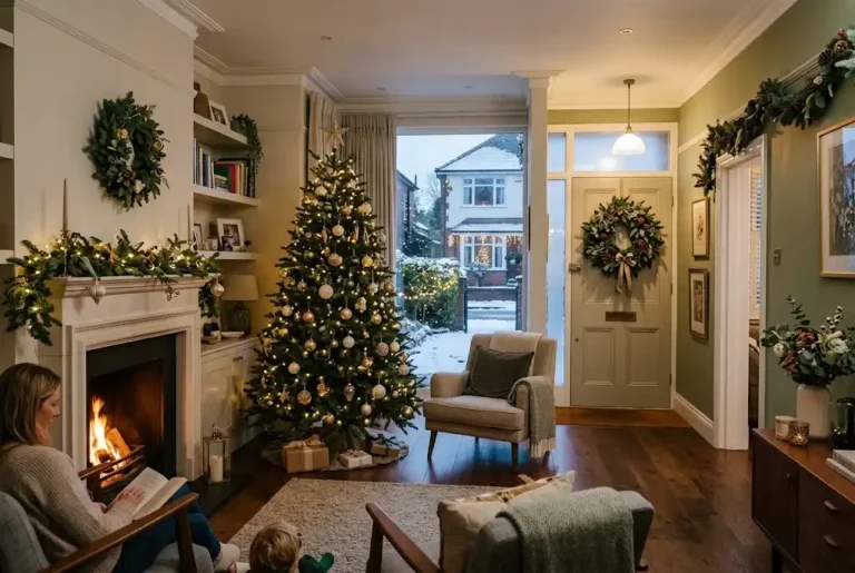 Christmas decorations styled throughout an indoor and outdoor UK home