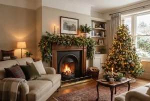 Christmas garland decorating a fireplace mantel in a stylish UK home