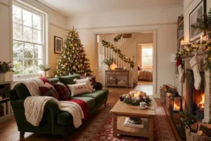 Christmas home textiles including festive cushions and a Christmas throw in a cosy UK home
