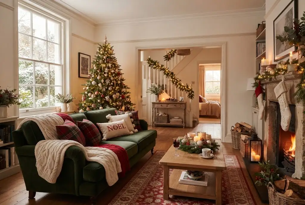 Christmas home textiles including festive cushions and a Christmas throw in a cosy UK home