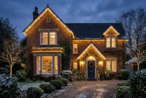 Christmas lights decorating a UK home indoors and outdoors