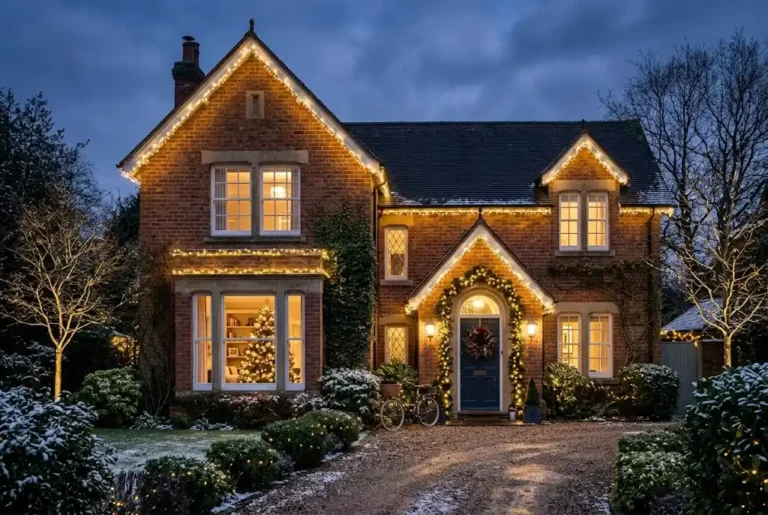 Christmas lights decorating a UK home indoors and outdoors