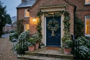 Christmas wreath decorating a UK front door with festive greenery