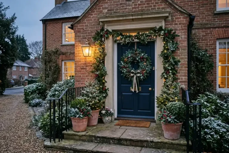 Christmas wreath decorating a UK front door with festive greenery