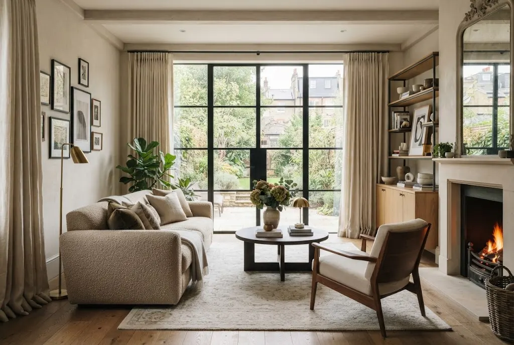 Curtains framing large windows in a modern UK living room