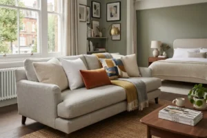 Cushions arranged on a stylish sofa in a modern home