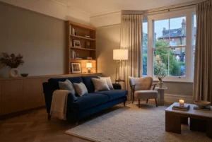 Floor lamp beside an accent chair in a modern UK living room