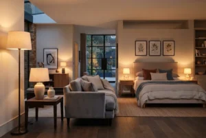 Home lamps including table and floor lamps in a modern interior