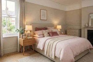 Pink bedding in a stylish floral bedroom