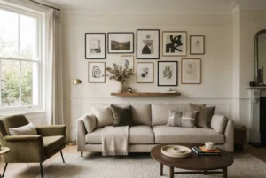 Wall decor with framed artwork in a stylish living room